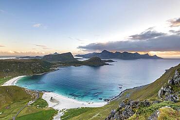 View to the beach of Haukland, mountains and fjord, Leknes, Lofoten, Norway, Europe