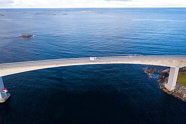 UAV recording, campervan on the island link road Atlantic Ocean Road, Vevang, Norway, Europe