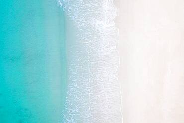 Drone shot, Haukland beach from above with white sand and turquoise water, Haukland Beach, Lofoten, Norway, Europe