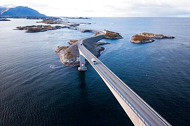 UAV recording, campervan on the island link road Atlantic Ocean Road, Vevang, Norway, Europe