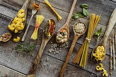 Various pasta on wooden spoons