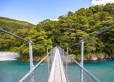 Suspension Bridge, Blue Pools Rock Pool, Makarora River, turquoise crystal clear water, Haast Pass, West Coast, South Island, New Zealand, Oceania