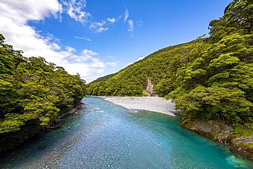 River, Makarora River, Blue Pools, turquoise crystal clear water, Haast Pass, West Coast, South Island, New Zealand, Oceania