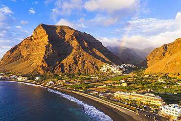 Beach between La Playa and La Puntilla, behind La Calera, rainbow, Valle Gran Rey, drone shot, La Gomera, Canary Islands, Spain, Europe