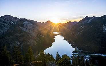 View over Plansee, sunset, Schoenjoechl, Ammergau Alps, Reutte district, Tyrol, Austria, Europe