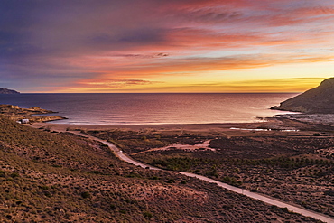 Dawn at the beach El Playazo, aerial view, drone shot, Nature Reserve Cabo de Gata-Nijar, Almeria province, Andalusia, Spain, Europe