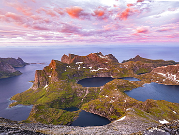 Evening atmosphere, mountain landscape with Reinefjord and lake Krokvatnet, view from the top of Hermannsdalstinden, Moskenesoey, Lofoten, Nordland, Norway, Europe