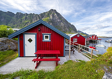 Traditional red stilt houses, typical fishermen's huts, A i Lofoten, Lofoten, Nordland, Norway, Europe