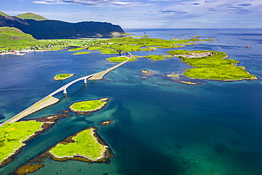 Aerial view, Fredvang Bridge, Torsfjorden near Fredvang, Lofoten, Norway, Europe