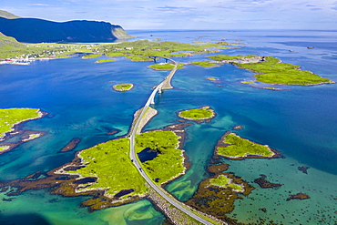 Aerial view, Fredvang Bridge, Torsfjorden near Fredvang, Lofoten, Norway, Europe