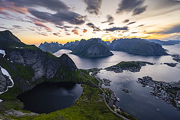 Evening atmosphere, view from Reinebringen, Reinebriggen, Hamnoy, Reine and the Reinefjord with Bergen, Moskenes, Moskenesoey, Lofoten, Norway, Europe