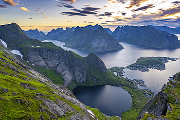 Evening atmosphere, view from Reinebringen, Reinebriggen, Hamnoy, Reine and the Reinefjord with Bergen, Moskenes, Moskenesoey, Lofoten, Norway, Europe