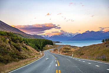 Road with view of Mount Cook, sunset, Lake Pukaki, Mount Cook National Park, Southern Alps, Canterbury, South Island, New Zealand, Oceania