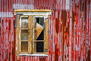 Broken window of a dilapidated wooden house, Lofoten, Norway, Norway, Europe