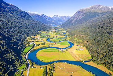 Aerial view, mountain valley with meandering river Stryneelva, Stryn, Vestland, Norway, Europe