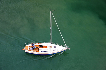 Driving boat from above, Friedrichshafen, Baden-Wuerttemberg, Germany, Europe