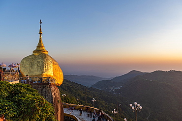 Kyaiktiyo Pagoda, golden rock at sunset, Mon state, Myanmar, Asia