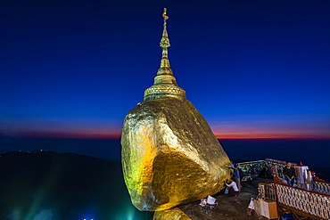 Kyaiktiyo Pagoda, golden rock after sunset, Mon state, Myanmar, Asia