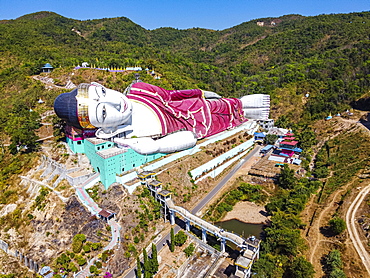 Aerial of a giant reclining buddha in Win Sein Taw Ya outside Mawlamyine, Mon state, Myanmar, Mudon, Mon State, Myanmar, Asia