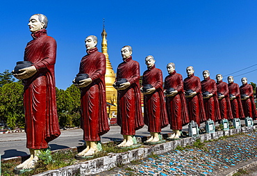 Monk statues lining up, Aung Zay Yan Aung Pagoda, Myitkyina, Kachin state, Myanmar, Asia