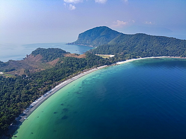 Aerial of a white sand beach on smart island, Mergui or Myeik Archipelago, Myanmar, Asia