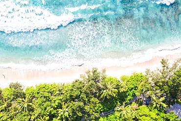 Seychelles Takamaka beach Mahe text free space copyspace paradise ocean drone image bird's eye view , Seychelles, Africa