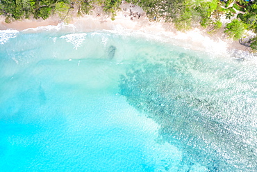 Takamaka beach Mahe Mahe paradise ocean drone shot bird's eye view, Mahe, Seychelles, Africa