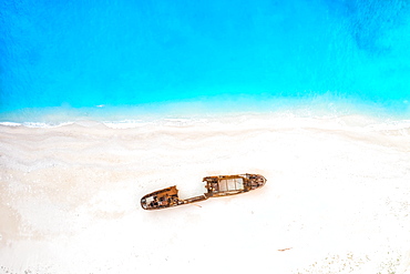 Beach shipwreck Navagio Beach drone shot bird's eye view, Zakynthos, Greece, Europe