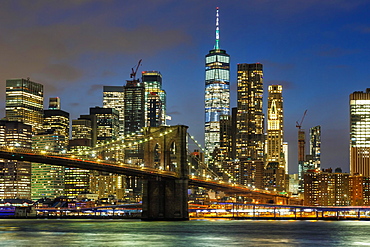 Skyline night city Manhattan Brooklyn Bridge evening World Trade Center WTC in the, New York City, USA, North America