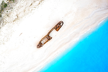 Beach shipwreck Navagio Beach drone shot bird's eye view, Zakynthos, Greece, Europe