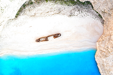 Beach shipwreck Navagio Beach drone shot bird's eye view, Zakynthos, Greece, Europe