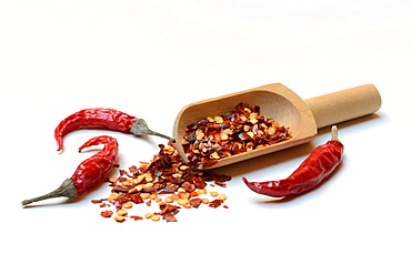 Chili flakes in wooden shovel and dried chili peppers, Germany, Europe