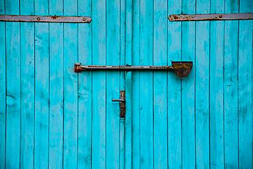 Turquoise garage door, detail, Mecklenburg-Western Pomerania, Germany, Europe