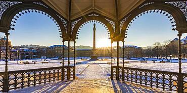 Palace square in winter at sunrise, art building, New Palace, Old Palace, city center, Stuttgart, Baden-Wuerttemberg, Germany, Europe