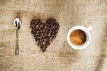 Coffee spoon, heart of coffee beans and coffee cup, I love coffee