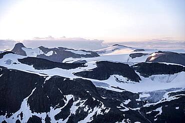 Evening atmosphere, glaciers and mountains in Jostedalsbreen National Park, view from the top of Skala mountain, Breheimen mountain range, Stryn, Vestland, Norway, Europe