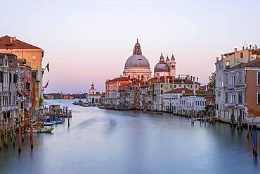 Evening atmosphere, long time exposure, view from the Ponte dell'Accademia to the Grand Canal and the Basilica Santa Maria della Salute, Venice, Veneto, Italy, Europe