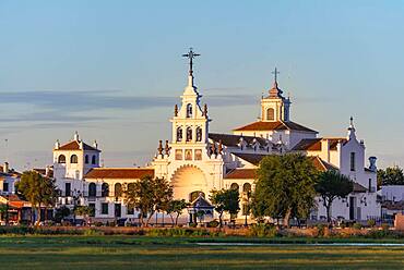 Hermitage of El Rocio, hermitage Ermita del Rocio in the evening light, El Rocio, Almonte, province of Huelva, Andalusia, Spain, Europe