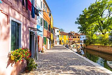 Canal with boats, Colorful houses, Colorful facades, Burano Island, Venice, Veneto, Italy, Europe