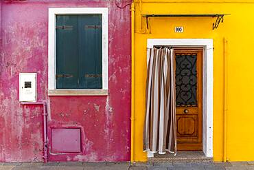 Door and window of a yellow and pink house, colorful houses, colorful facade, Burano Island, Venice, Veneto, Italy, Europe