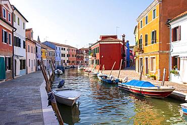 Canal with boats, Colorful houses, Colorful facade, Burano island, Venice, Veneto, Italy, Europe