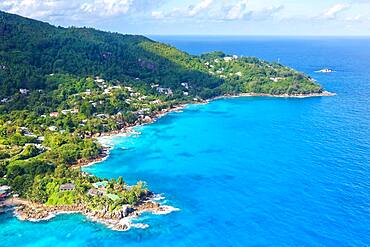 Landscape sea luxury villa beach ocean aerial view bird's eye view, Mahe, Seychelles, Africa