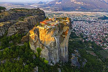 Aerial, Agia Triada Monastery at sunrise, Meteora monastery, Thessaly, Greece, Europe