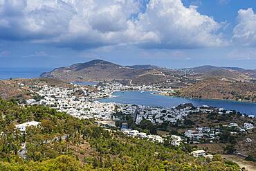 Overlook over Patmos an the town of Skala, Patmos, Greece, Europe