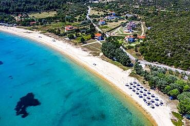 Aerial of Destenika beach, Sithonia, Greece, Europe