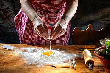 Cook making pasta dough on wooden table, flour and beaten egg, Germany, Europe