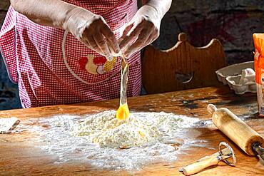 Cook making pasta dough on wooden table, flour and beaten egg, Germany, Europe