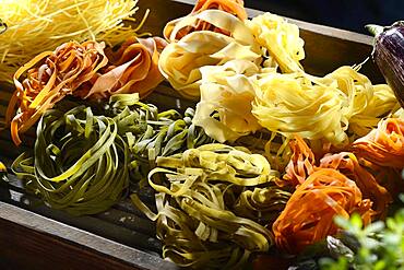 Assorted coloured noodles, Germany, Europe