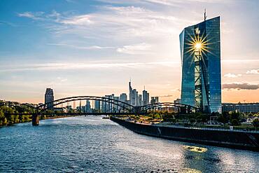 ECB, the sun shines through the building, Frankfurt am Main, Hesse, Germany, Europe