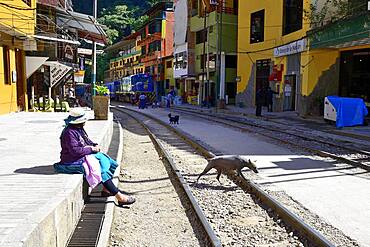 Railway tracks through the village of Aguas Calientes, Machu Picchu, Urubamba Province, Peru, South America